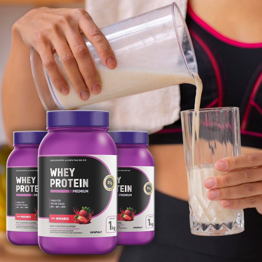 Whey Protein Premium 1kg - Sabor Morango | 31g de Proteína por Dose | Sem Glúten