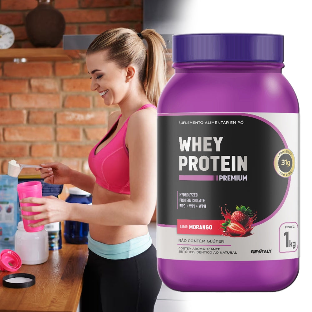 Whey Protein Premium 1kg - Sabor Morango | 31g de Proteína por Dose | Sem Glúten