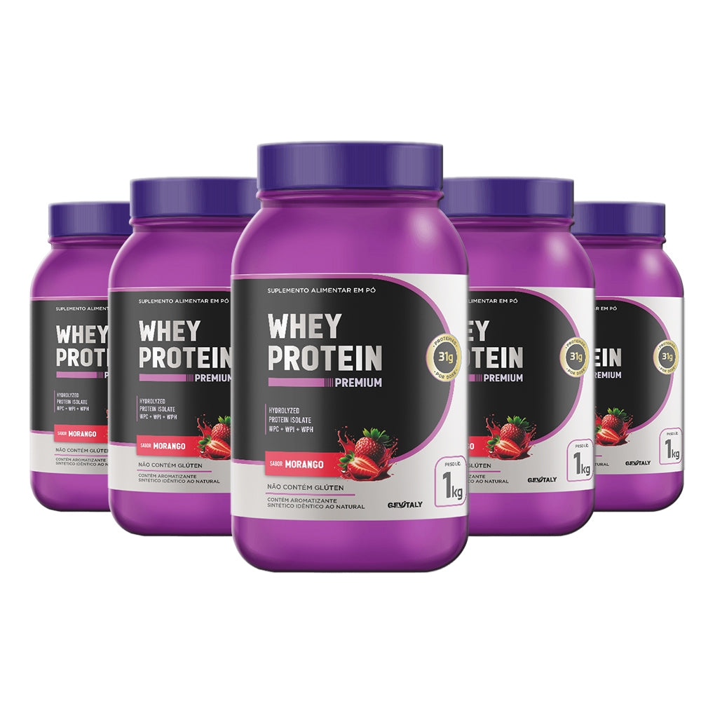 KIt 5x WHEY PROTEIN PREMIUM GEvitaly – 1KG cada | SABOR MORANGO