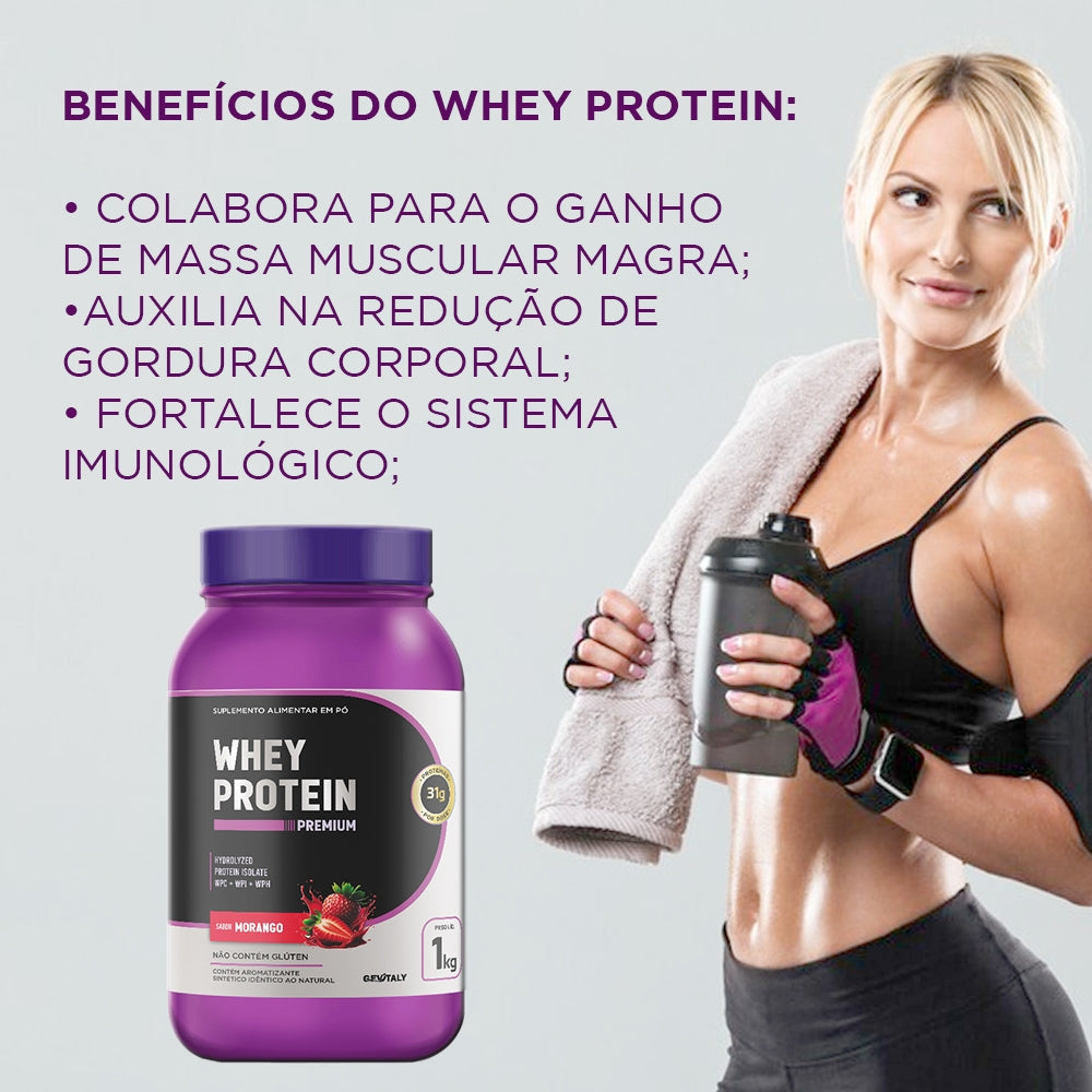 Whey Protein Premium 1kg - Sabor Morango | 31g de Proteína por Dose | Sem Glúten