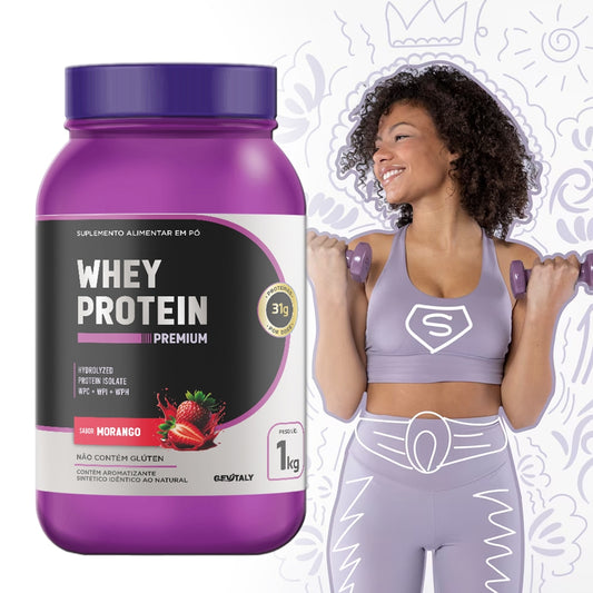 Whey Protein Premium 1kg - Sabor Morango | 31g de Proteína por Dose | Sem Glúten