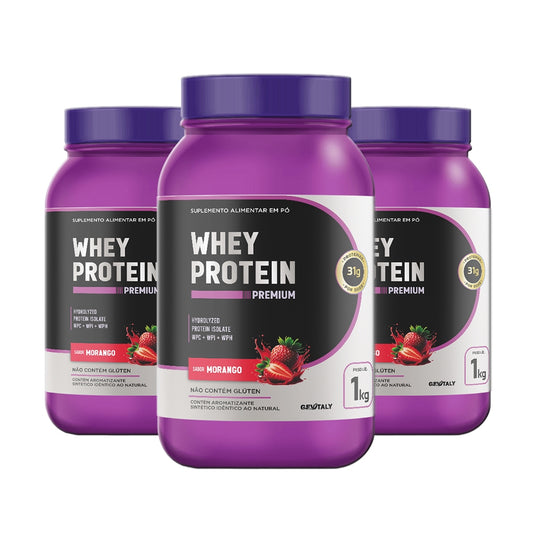 KIT 3x WHEY PROTEIN PREMIUM GEvitaly – 1KG cada | SABOR MORANGO
