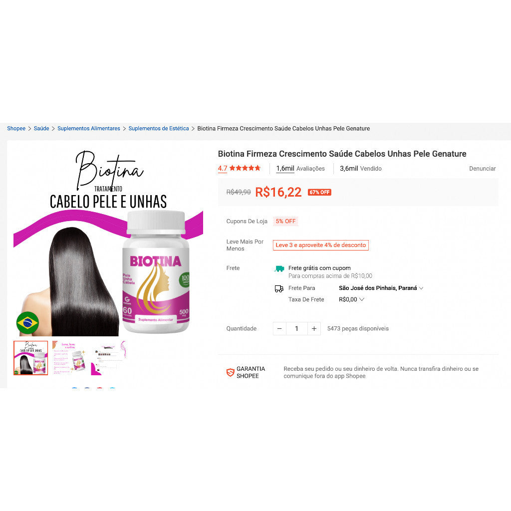 Biotina Cabelos Pele Unhas Envio Imediato